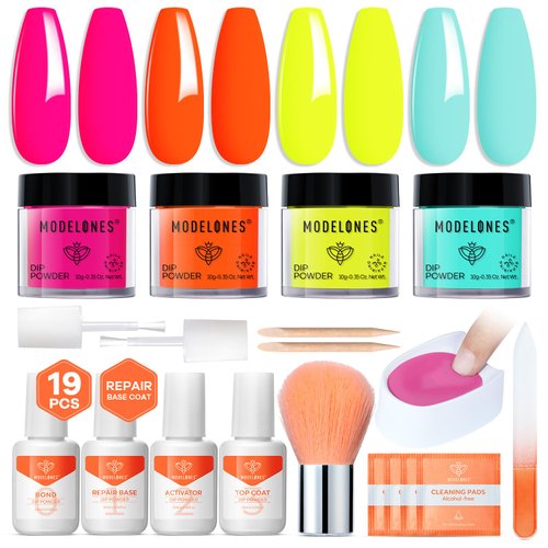 Modelones Dip Powder Nail Kit Starter, 4 Colors Neon Hot Pink Summer Bright Dipping Powder Repair Liquid Set with Recycling Tray for French Nail Art Salon DIY at Home Manicure