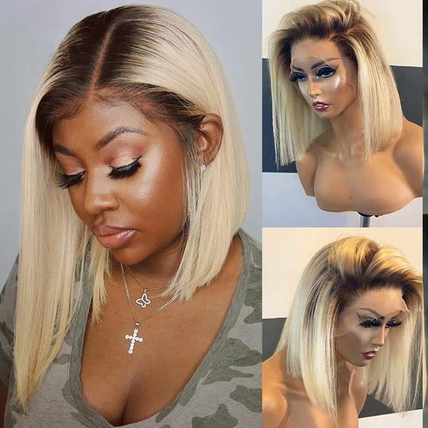 Ombre 613 Blonde Bob Lace Front Wigs Black to Blonde Dark Roots Colored Human Hair Wigs Glueless 13X4 HD Straight Brazilian Virgin Human Hair Wig Lace Wig for Black Women 150% Density (#1B/613)