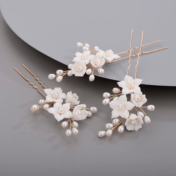 BERYUAN Bridal Flowers Leaves Hair Pins for Bride Women Dainty Pearls Beads Hair Pins for Girls GOLD （3 pcs）