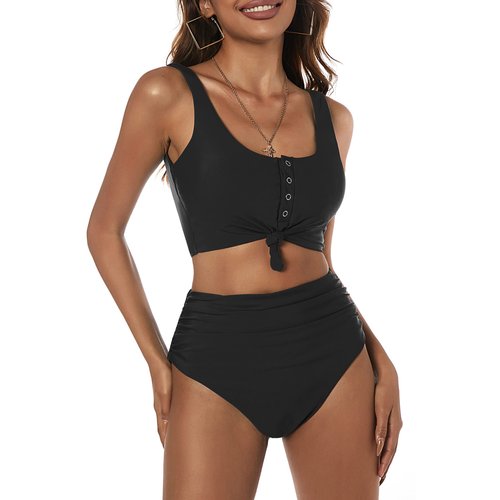 ZAFUL High Waisted Bikini Sets 2 Piece Swimsuit for Women Scoop Neck Knotted Ruched Tummy Control Bathing Suit Black M