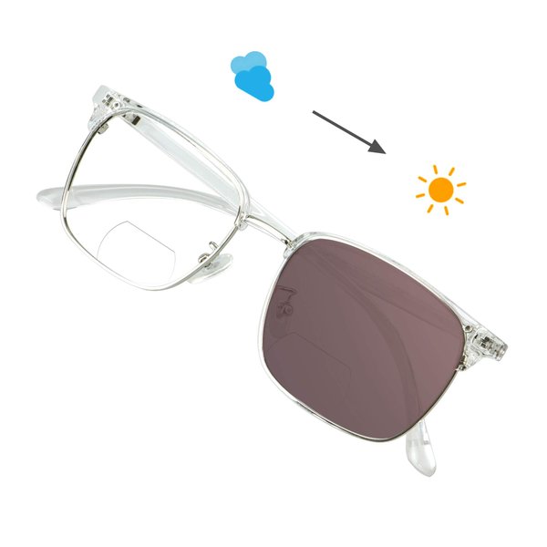 VisionGlobal Bifocal Reading Glasses Photochromic Dark Brown Sunglasses, Classic Retro Square Eyewear Reduce Fatigue (Brown, 0.00/+1.75 Magnification)