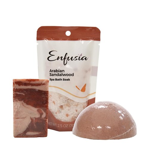 Enfusia Arabian Sandalwood Handmade Bath Bomb, Spa Soak, and Soap Bar Gift Set for Women - Experience Fragrant Bath Bombs in Beautiful Organza Bag
