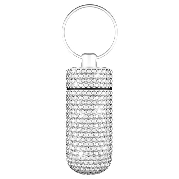 Yuchew Bling Pill Case Pill Container Rhinestone Pill Box Portable Waterproof Pocket Pill Holder Storage Bottle with Keychain for Travel, Outdoor, Camping (Silver)