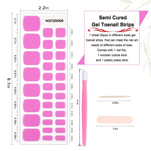 WOKOTO Semi Cured Gel Nail Strips For Toenails, 16 Size 32 Tips Pink Nail Polish Strips With Nail File & Wooden Stick, Works With Any Lamps, Salon-Quality, Long Lasting, Easy To Apply & Remove