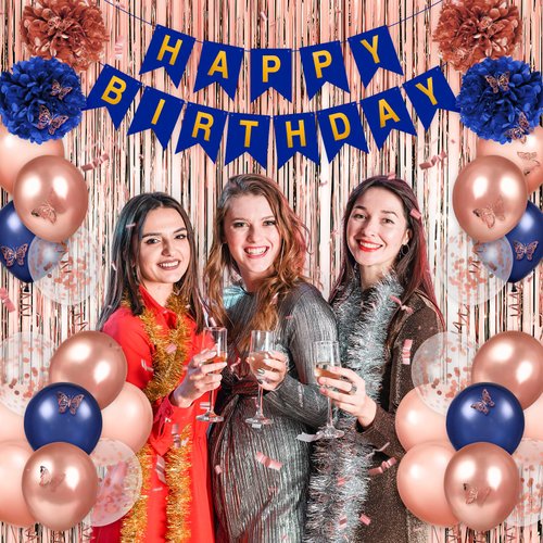 Rose Gold Birthday Party Decorations for Women Girls Blue Gold Birthday Banner and Rose Gold Birthday Balloons Garland Curtains Tablecloth Butterfly Wall Tissue Pompoms Navy Blue Birthday Supplies