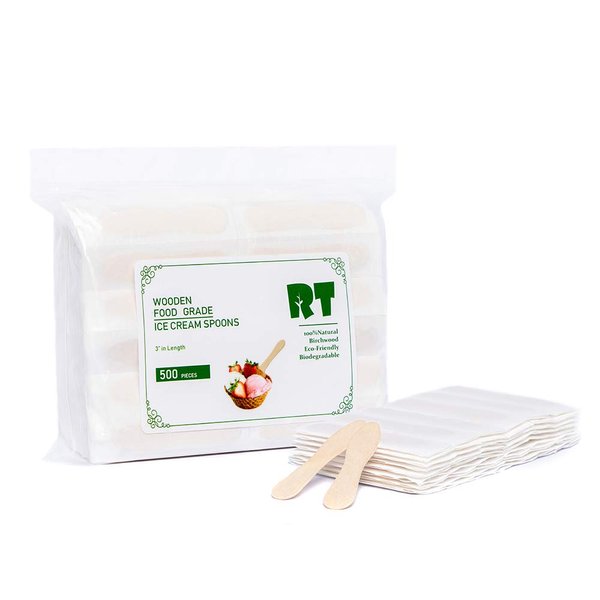 RT-Disposable Wooden Ice Cream Spoon Natural Birch 3 Inches (500 pieces) Individual Packaging Is Safer