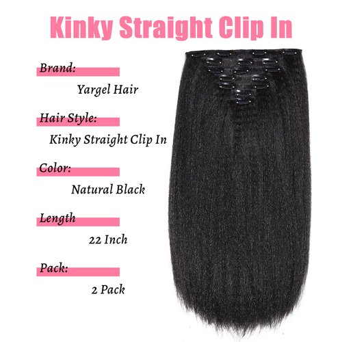 Yargel Hair 22 Inch Kinky Straight Clip in Hair Extensions for Black Women Yaki Straight Clip ins Full Head Seamless Synthetic Hair Pieces(2 pack)