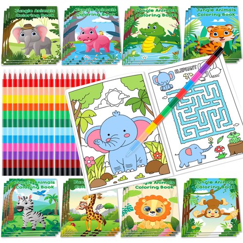 Lionoble 24Pcs Jungle Safari Animals Coloring Books for Kids with 24 Stacking Crayons Mini Coloring Book Party Favors Bulk Gifts Small Activity Books for Birthday Party Goodie Bags Stuffer Classroom