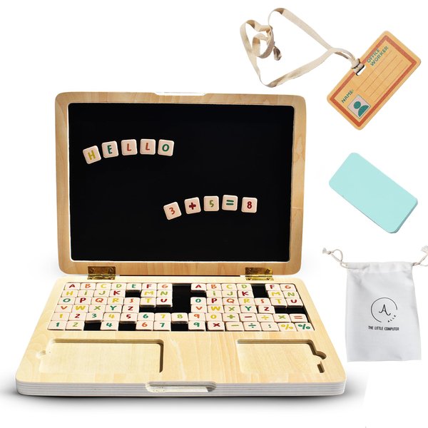 Alle My First Laptop, Toddler Learning Toys and Wooden Toy Computer, Creative Montessori Toys with Magnetic and Drawing Board Toy for Kids, Educational Toys for 3 4 5 6 7 8 Year Old Kids