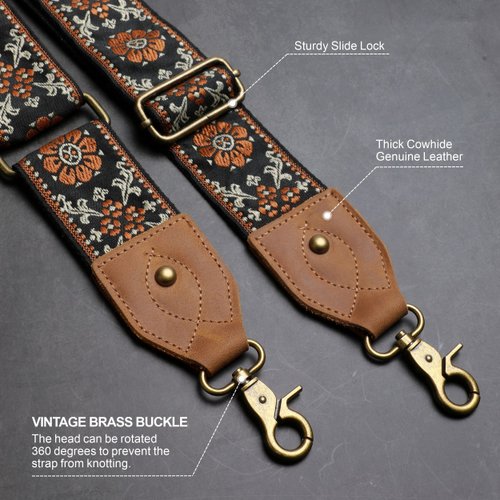 Nefelibata Purse Strap, 2" Cowhide Head Wide Shoulder Strap Adjustable Replacement,Retro Jacquard Embroidery Multi-pattern Crossbody Bag Straps for Handbag,Crossbody Bags,Shoulder Bags(Brown flower)