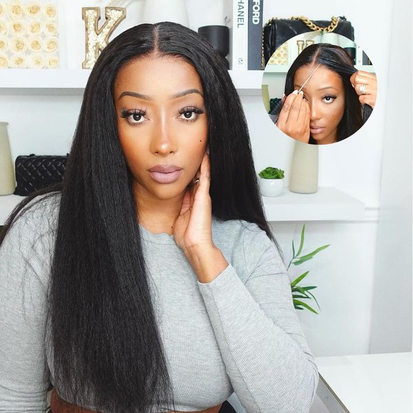Domiso 22 Inch Wear and Go Glueless Wig Kinky Straight Lace Pre Cut 6x4.6 HD Lace Front Wigs Human Hair for Women Glueless Wig with Elastic Band Natural Hairline 200% Density Yaki Hair Natural Black