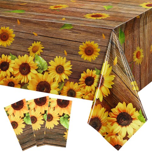 Breling Sunflower Wood Grain Tablecloth Plastic Rustic Sunflower Tablecloth Vintage Wood Grain Table Covers for Indoor Outdoor Birthday Party Decorations Supplies, 54 x 108 Inch(Dark Brown)