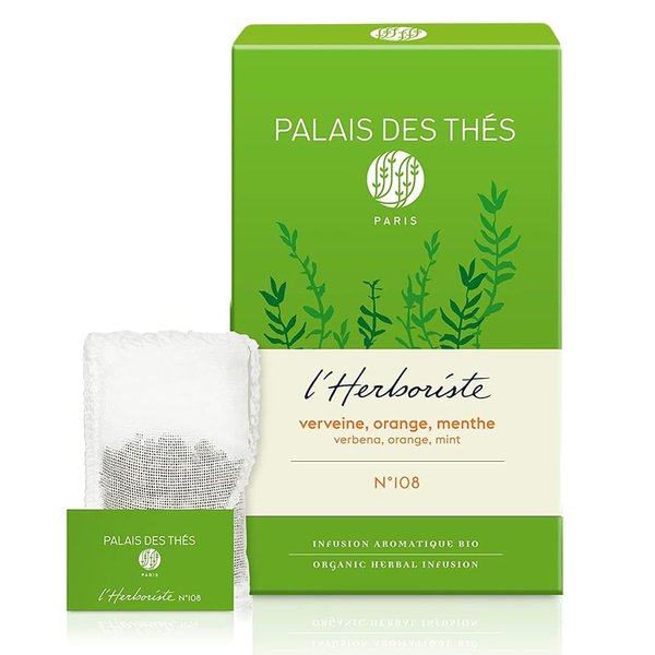 Palais des Thés - Organic L'Herboriste N°108 - Premium Gourmet Herbal Tea with Lemon Verbena, Orange, and Mint - 20 Count Biodegradable Cotton Tea Bags Box