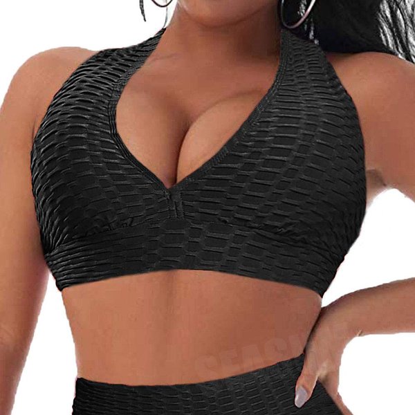 SEASUM Women Sports Bras Textured Middle Impact Support Yoga Crop Tops Gym Workout Shirts S