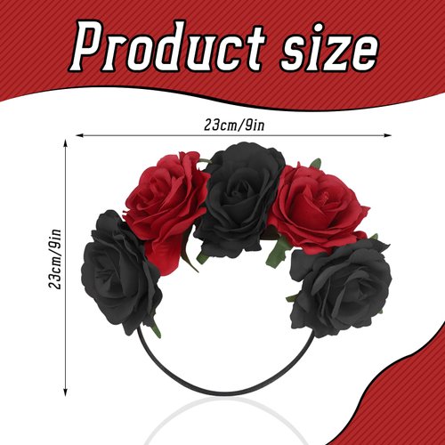 PAFUWEI Rose Flower Crown, Rose Floral Headpiece Hair Wreath Floral Headband Flower Hair Accessory, Suitable for Wedding, Parth, Mother's Day, Birthday, Daily Wear, Red and Black