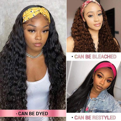 Urgirl Wet and Wavy Headband Wigs Human Hair Brazilian Virgin Hair Water Wave Headband Wigs for Black Women 150% Density Glueless Non Lace Front Wigs Half Wig with Headband Curly Hair Band Wig 18inch