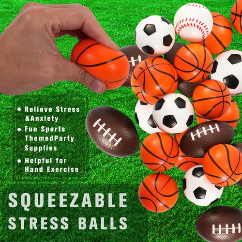 IJRPLM 26 Pcs Squeezable Stress Balls, 2.5" Mini Foam Sports Balls, Mini Stress Balls for Anxiety Relief, Mini Baseball Football Basketball Soccer Stress Toy Game Party Favors Prizes, 4 Ball Games