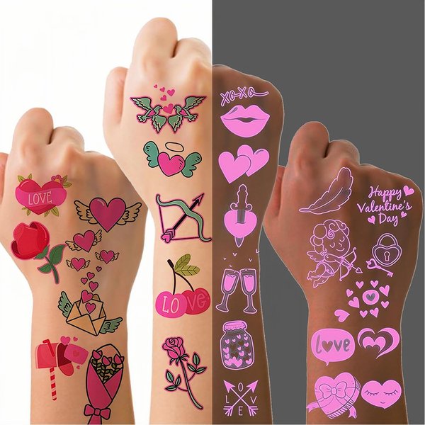 Valentines Day Temporary Tattoo Adult Kids, Heart Lip Fake Tattoos, Rose Flowers Love Gift Pink Luminous Tattoo Stickers, Glow at Night Semi Permanent Tattoo for Women Valentines Decoration 10 Sheets