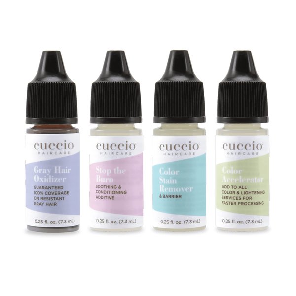 Cuccio Haircare Try Me Collection Kit - Hair Coloring Essentials - Includes Stop The Burn And Gray Hair Oxidizer Treatments - Gluten And Paraben Free - Suitable For Travel - 0.25 Oz Each - 4 Pc