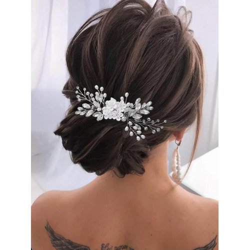 Unsutuo Flower Bride Wedding Hair Comb Silver Crystal Bridal Hair Accessories Pearl Hair Piece for Women and Girls
