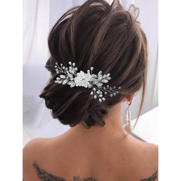 Unsutuo Flower Bride Wedding Hair Comb Silver Crystal Bridal Hair Accessories Pearl Hair Piece for Women and Girls