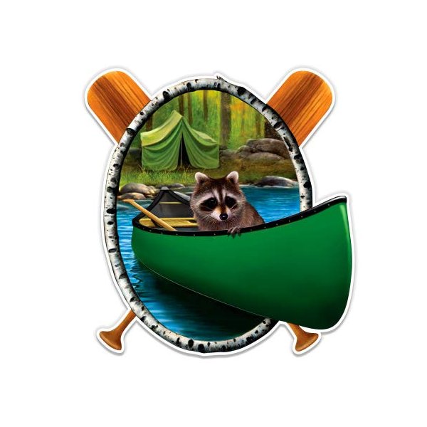Camping Raccoon Canoe - 5" Vinyl Sticker - for Car Laptop I-Pad - Waterproof Decal