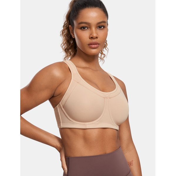 SYROKAN Women's High Impact Removable Pads Sports Bra Underwire Full Coverage Support Workout Running Bra Beige 34D