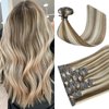 HUAYI Blonde Hair Extensions, Clip in Extensions Real Human Hair Blonde Mixed Platinum Blonde 120g 16inch 7pcs Real Human Hair Straight Silky Blonde For Women Remy Hair 18/60