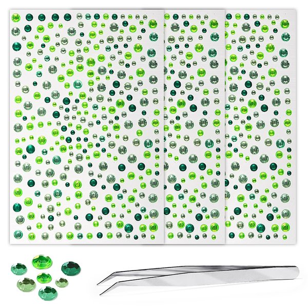 3 Sheets Rhinestone Stickers Mixed Green Adhesive Gems 3-6mm Diameter Face Jewels Stickers Bling Hair Diamond Decals Sparkly Crystal Pearls for Body Face Nails Crafts Decoration (Mixed Green)