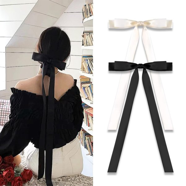 Silky Satin Hair Bows for Women Girls French Hair Ribbon Long Tail Hair Clips Tassel Bow Hair Clip Barrette Hair Bows Clip Hair Accessories Black Beige 2PCS