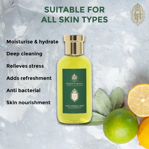 Truefitt & Hill Premium Luxury Bath & Shower Gel - West Indian Limes - Rich Lather, Deep Cleanse, and Refreshing Aroma - 6.7 oz