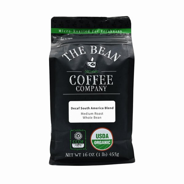 The Bean Organic Coffee Company Water Processed DECAF South America Blend, Medium Roast, Whole Bean Coffee, 16-Ounce Bag