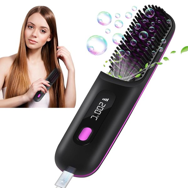NURSETEK Cordless Hair Straightener Brush, Fast Heating Hair Straightener Comb, USB Rechargeable Portable Hair Straightening Brush for Home and Travel Use