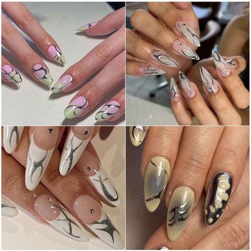 Gold Nail Art Stickers 3D Metal Silver Fish Bone Nail Decals Holographic Stripe Line Graffiti Design Champagne Gold Irregular Geometry Bronzing Nail Supplies Manicure French Nail Art Decoration 6 Pcs