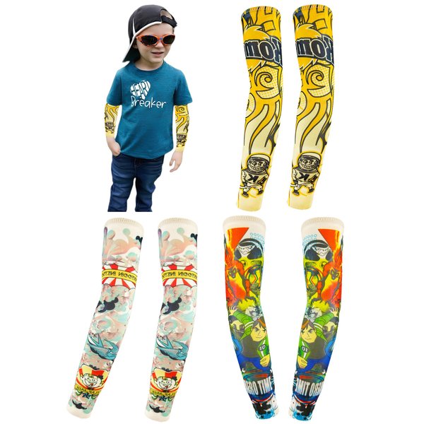 iToolai Kids Tattoo Sleeves, Art Cooling Arm Cover Up Fake Tattoo Sleeves for Boy Girl Sunscreen(3 Pairs, Pack of 2)