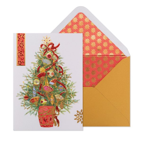 NIQUEA.D Christmas Boxed Card Set, Asian Fan Tree, Includes a Holiday Sentiment and Coordinating Envelope, Set of 8 (NXB-0023), multicolored, 5" x 7"