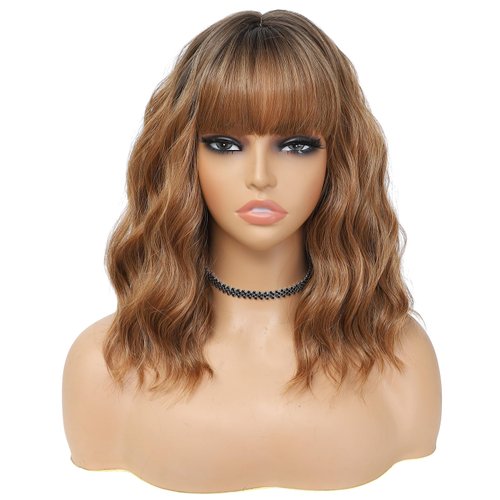 BEAUTIFA Ombre Brown Wig with Bangs for Women 14 Inch Shoulder Length Short Bob Wavy Curly Wig Ombre Brown Wig Heat Resistant Synthetic Wigs