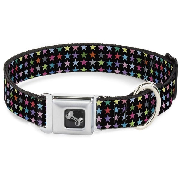 Dog Collar Seatbelt Buckle Mini Stars Black Multi Color 13 to 18 Inches 1.5 Inch Wide