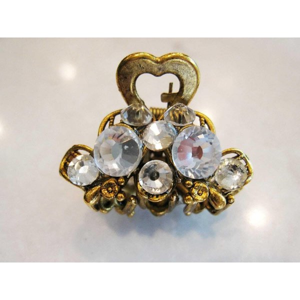 Small mini antique bronze bow metal hair claw clip with crystals bridal clip