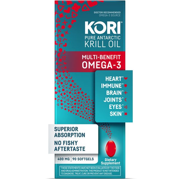 Kori Krill Antarctic Krill Oil Omega 3 Supplement, EPA & DHA, Krill Oil Supplements with Superior Absorption vs. Fish Oil, 400 mg, 90 softgels