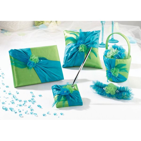 Lillian Rose Beautifully Crafted 5 Piece Flower Basket & Ring Pillow Collection, Blue/Green