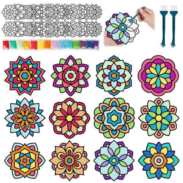 24 Set Mandala Sand Art Kits with Brush Sand Painting for Kids Valentine’s Day Mandala Coloring Craft Kits Create Make You Own Mandala Art DIY Sticker Sand Art Craft School Game Activity New Year Gift