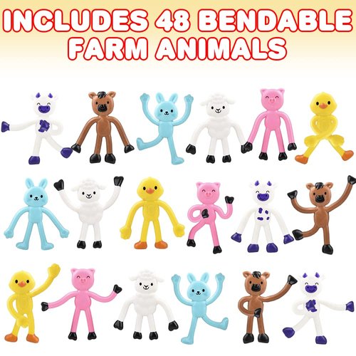 ArtCreativity Mini Bendable Farm Animal Toys, Set of 48, Barnyard Animal Toys for Kids in 6 Designs, Portable Stress Relief Toys for Kids, Barn Birthday Party Favors for Kids and Pinata Stuffers