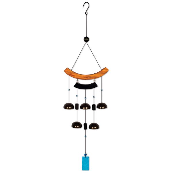 Sunset Vista Designs 91953 Asian Bell Chimes Wood and Metal Wind-Bells Wind Chime for Patios Porches and More, 30-Inches Long, Blue Glass Windcatcher