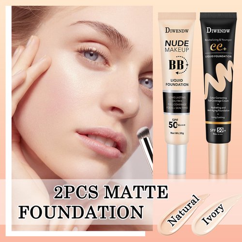 2PCS Full Coverage Concealer Foundation Set,Moisturizing BB Cream,Long Lasting Hydrating Lightweight CC Cream with Makeup Brush,Oil Control Face Moisturizer SPF 50 PA++++ Sunscreen（2 Colors）