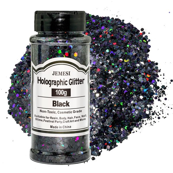 Holographic Chunky Glitter, 100g Black Cosmetic Craft Glitter for Epoxy Resin, Nail Sequins Iridescent Flakes, Body, Face, Hair, Nail, Glitter Slime Making