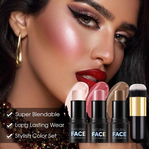 LSxia 3Pcs Cream Contour Stick Makeup Kit - Cream Blush Stick Highlighter Stick Contour Bronzer Stick for Cheeks, Waterproof Long Lasting Blendable, Contour Stick Trio for Face Makeup (#02, 05, 06)
