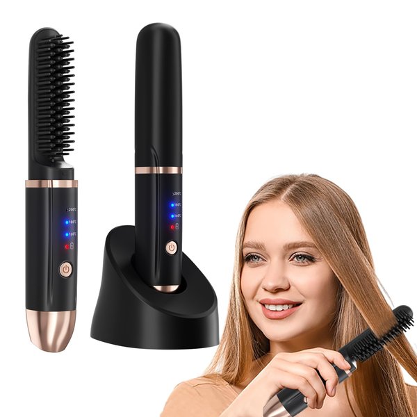 SKERTS Cordless Hair Straightener Brush, Portable Mini Electric Straightening Comb Ionic Thermal Wireless Hot Hair Brush Heat Comb for Men and Women (Black)