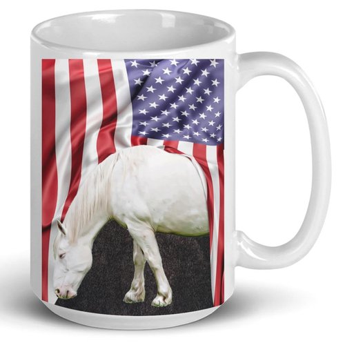 American Cream Draft Horse Mug 15oz White Ceramic Coffee Cup - American Patriotic Themed Design Gifts for Horse Lovers