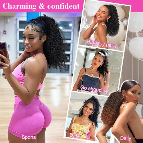 QGZ Ponytail Extension Drawstring Ponytail for Black Women 18 Inch Synthetic Long Afro Curly Fluffy Ponytail for Daily Use(Black)